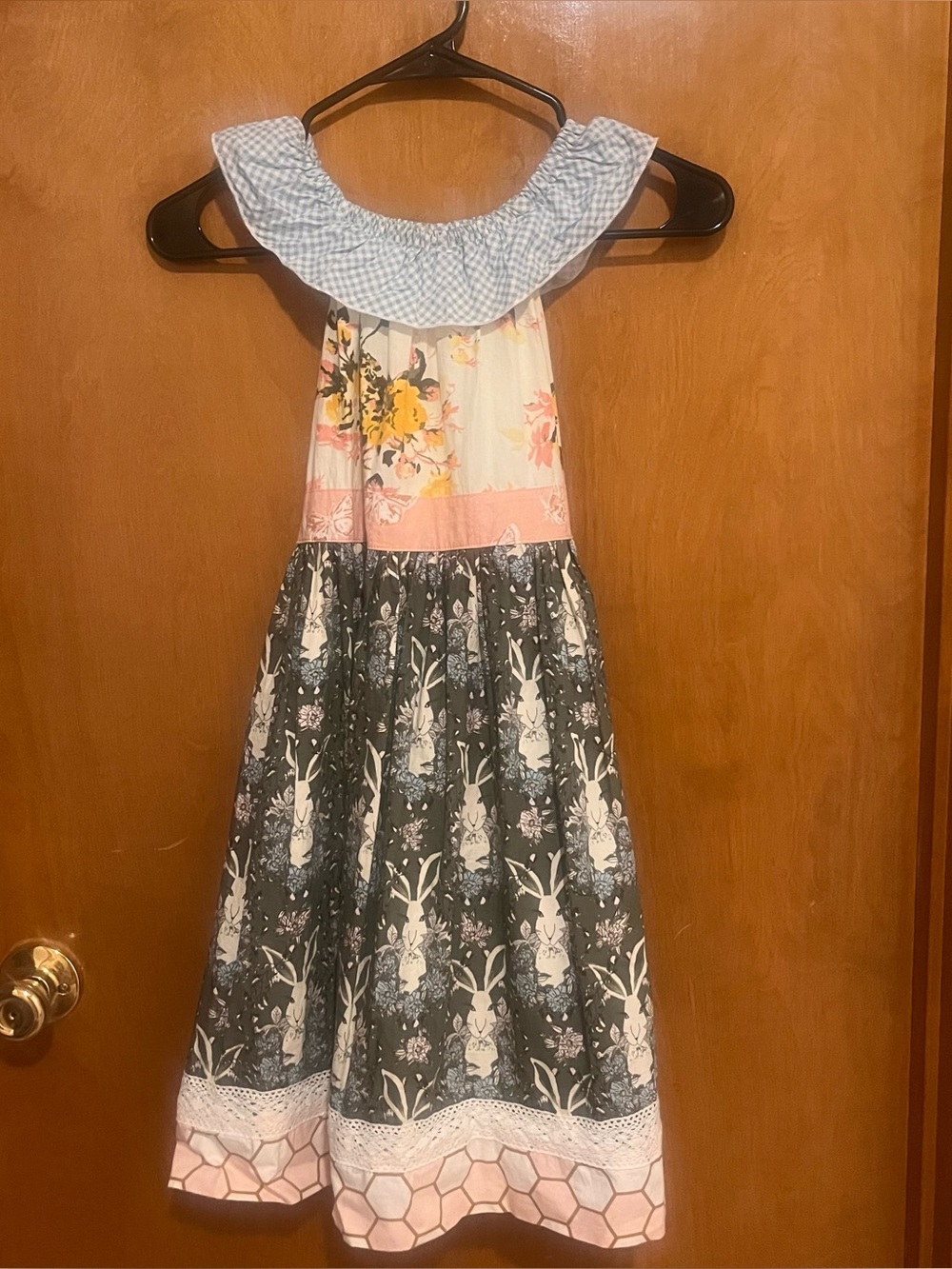 Matilda Jane Girls' Floral & Bunny Print Sundress with Blue Gingham Ruffle